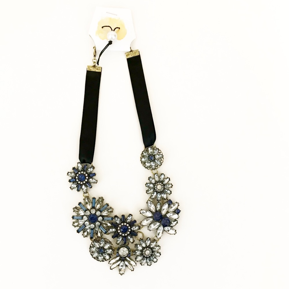 Blue Floral Ribbon Statement Necklace Crystal Bib
